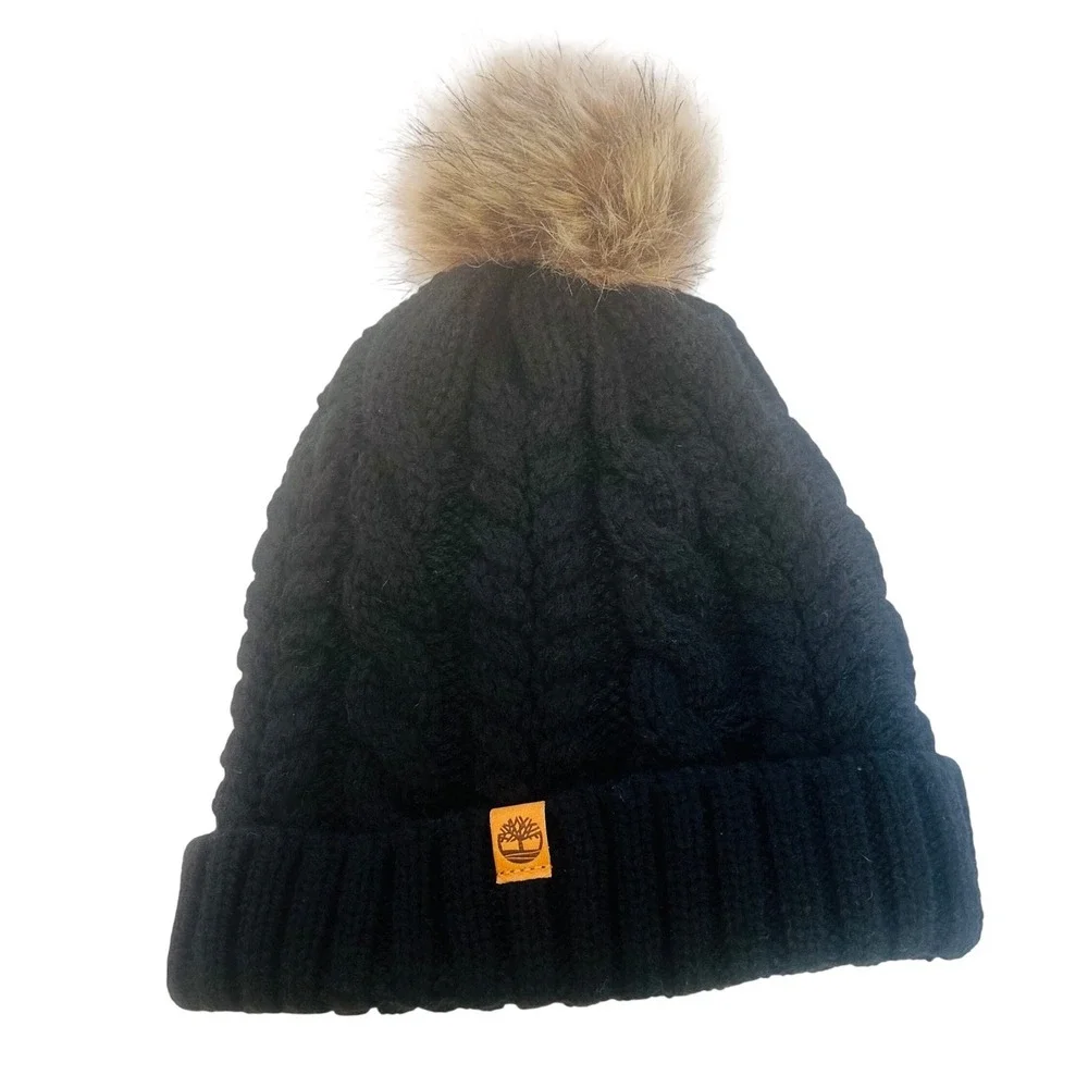 Timberland Womens Black‎ Cable Knit Beanie Faux Fur Pom Fleece Lined Winter Hat
